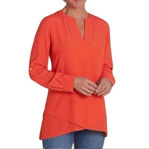 Soft Surroundings Coral/Orange Asymmetrical Tunic Top size M Split Neck NWOT